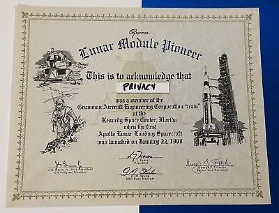 Grumman Lunar Module Pioneer Team 1968 Acknowledgment Award 11 X 14 Size Named • $79.99