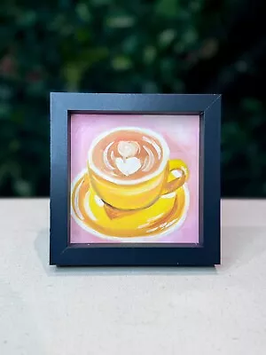Tea Cup Oil Painting- Realism Original Deep FRAMED Yellow Cup Hot Drink Art Sale • £65