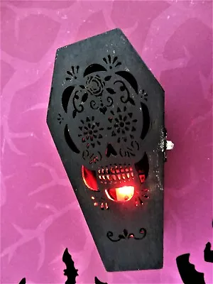 $17.99 • Buy Wooden Gothic Mini Coffin Blinking Color Lights Hinged Lid Primitively Painted