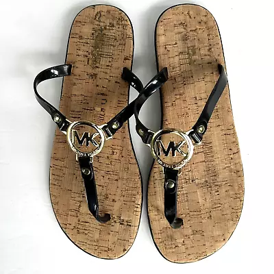 MICHAEL KORS T Strap Thong Sandals 11 Black Gold Charm Logo Jelly Cork Flip Flop • $22