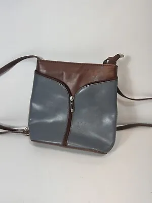 Vintage Vera Pelle Italian Gray & Brown Leather Crossbody Handbag Small Chic • $17.99