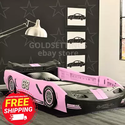 Girls Pink Race Car Bed Frame Twin Size Platform Plastic Kids Bedroom Furniture • $299.90