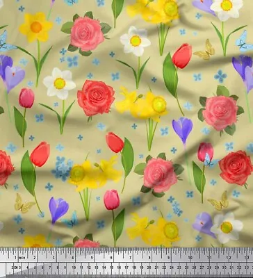 Soimoi Cotton Poplin Fabric Daffodil|Tulip & Rose Floral Print Fabric-9PZ • $9.13