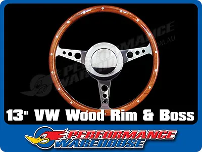 13  Flat Wood Rim Steering Wheel 9 Bolt & Billet Adaptor Volkswagen VW 1200-1600 • $207.53