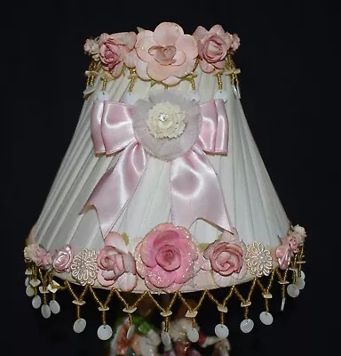 Vintage Clipon Ivory Cloth Bead Fringe Lamp Shade With Roses 7  Tall 9 1/4 Wide • $49.95