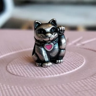 Authentic Pandora Pink Enamel Good Fortune Waving Lucky Cat Silver Charm 790989 • $49.99