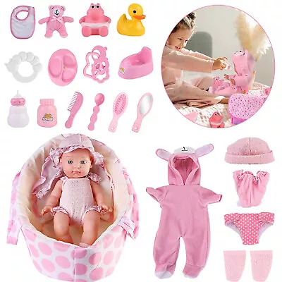  Soft Baby Doll Toy Girl Doll PlaySet W/ Carry Cot Bed Pillow 4 Outfit Sets • £24.98