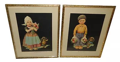 Vintage 1950's Dutch Boy & Girl With Dachsund Dog Framed Lithograph Prints • $29.99