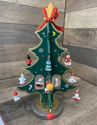 Vintage Mini Wood Christmas Tree W/ Ornaments Snowman Original Box 7  • $20