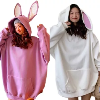Rabbit Long Ears Women Hoodie Long Sleeve Solid Harajuku Sweatshirt Casual Tops • £15.23