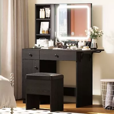 Vanity Desk With LED Lighted Mirror & Power Outlet Makeup Table With Drawers • $197.99