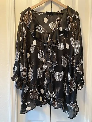 Maggie Barnes Women's Sheer Blouse Button Up Ruffles Geometric Print Sz 3X • $11.99