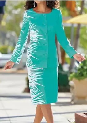 Midnight Velvet Aqua Formal Church Tropical Bliss Skirt Suit Size 6 12 20W PLUS • $39.99