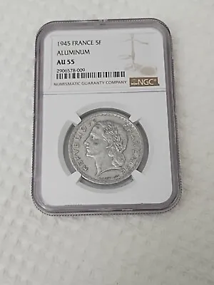 1945 France 5 Francs Repvbliqve Francaise NGC AU 55 • $29.99