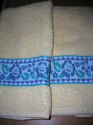 Vintage Martex Hand Towels Yellow W/ Blue Green White Floral Checks End Design • $12.99