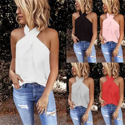 Lady Halter Neck Sleeveless Summer Beach Backless Tank Tops Blouse Vest T-Shirt • £10.92