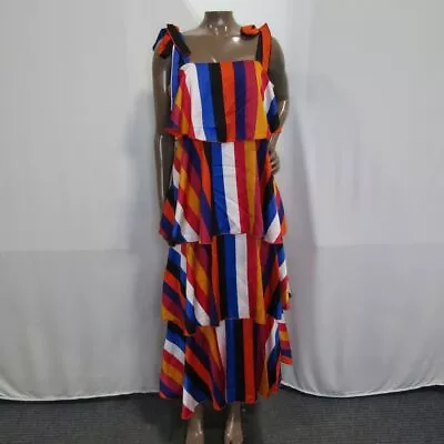 Why Dress Women's Dress Tiered Stripe Tie Strap Medium Orange Pink Blue • $19.99