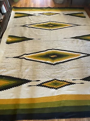 Wool Cotton Rug Southwestern Aztec  Navaho Style 72x96 In Cream Green Gold Black • $35