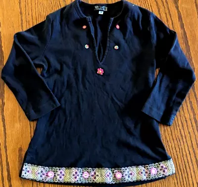 Black Embroidered Women 100% Cotton Knit Top V-Neck Shiny Trim Sz S/P? Made USA • $5