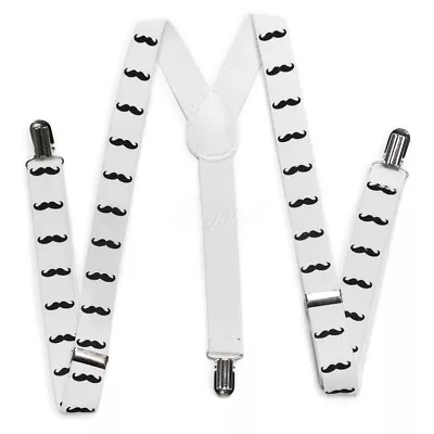 Black Mustache White Clip-on 1  Suspenders Elastic Y-Shape Costume Tuxedo Prom • $7.99