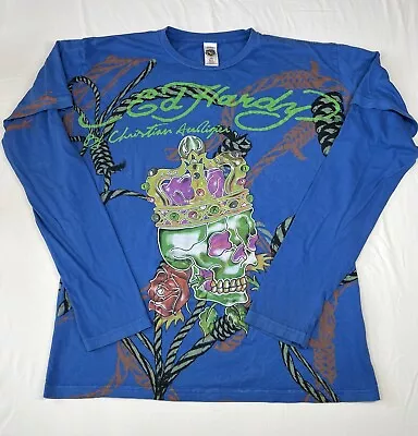 VTG Ed Hardy By Christian Audigier AOP Crown Skull Blue Long Sleeve T-Shirt XL • $69.99