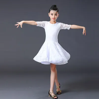 Kids Girls White Lace Swing Dance Dress With Underpants Latin Waltz Ballroom • $38.65