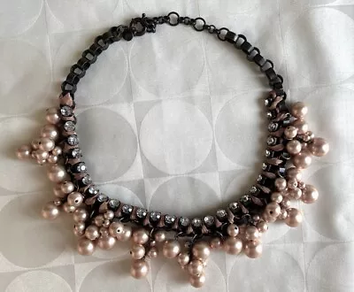 J.Crew Chunky Faux Pearl Rhinestones Crystals Grosgrain Ribbon Necklace 20 -22  • $14.95