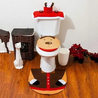 £5.95 • Buy 3 Piece Reindeer Toilet Seat Cover And Mat Set Christmas Bathroom Decorations 