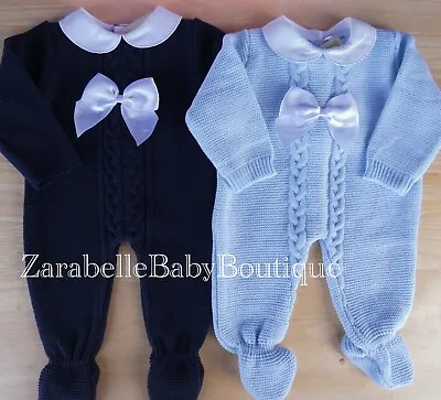 Baby Boy Knitted Romper Smart Outfit Sky Blue Navy Cable Detail Bow Footed 0 3 6 • £17.99