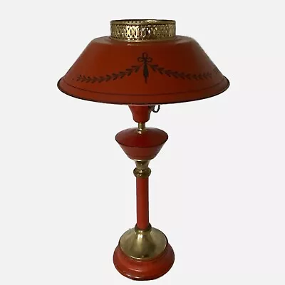 MCM Red Toleware Lamp 24Hx21W In Gold Trim 1 Bulb Milk Glass Key On Off Switch • $105