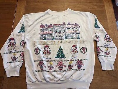 Vintage Holiday Time Ugly Christmas Sweater Sweatshirt Women's Large Snowmen Bow • $15