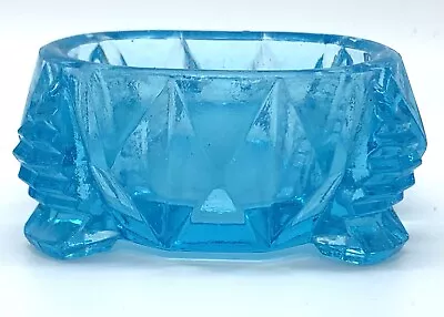 Vintage Blue Glass Master Salt Cellar Diamonds W Ribbed Feet EAPG Small Chips • $12