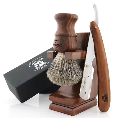 Cut Throat Razor Kit - Badger Hair Shaving Brush With Stand - Perfect Wooden Kit • £35.99