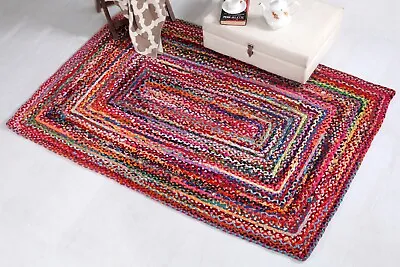 £26 • Buy Rug Rag Rugs Braided Mat Rainbow Handmade Cotton Mix Reversible Multicolour Mats