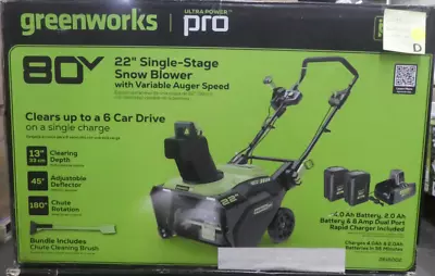 Greenworks Pro 80V 22  Single-Stage Snow Blower W/ 2 Batteries & Charger New • $261