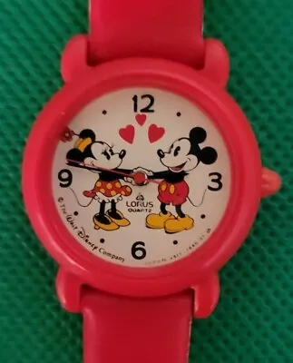 Vintage Disney Child's Lorus Watch With Mickey And Minnie Hearts Red  V811-1450 • $15