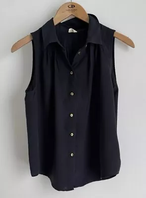 Gorman Size 10 Navy Blue 100% Silk Sleeveless Button Front Collar Shirt Top • $25