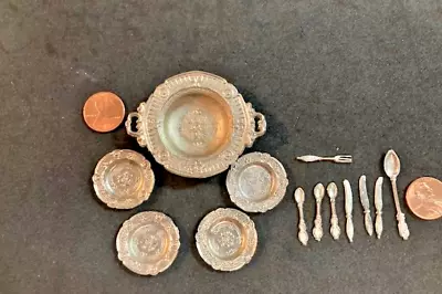 Antique Doll House Miniature Metal Plates And Utensils 13 Items • $14