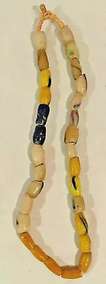 Vintage African Trade Beaded Necklace Yellow White Blue Glass 29 Beads 🍒 • $32.69