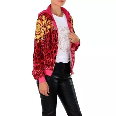 Versace Beachwear Womens 40 Pink Leopard Long Sleeves Full Zip Hooded Jacket • $259