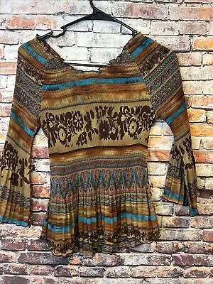 Brown Blue Jaipur Ribbed Stretched Semi Sheer Blouse Top Women’s Size Small • $13.56