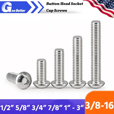 3/8-16 Button Head Socket Cap Screws Allen Hex Drive A2/304 Stainless Steel SAE • $6.56