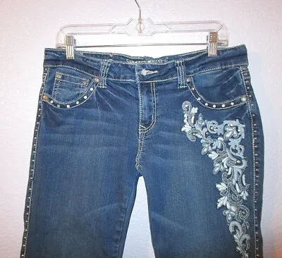Trinity Ranch BLING Boot Size 33 JEANS Denim DARK Low STUDS Embroidered STRETCH • $34.77