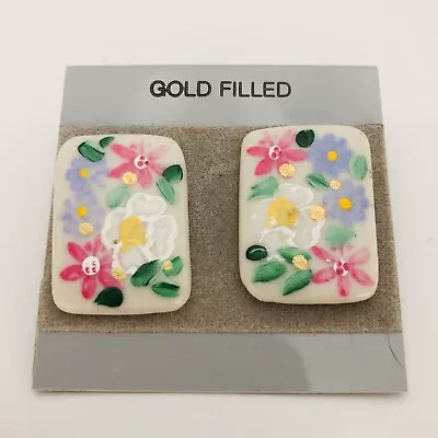 Floral Hand Painted Porcelain Pierced Earrings By Margrit Fleming Cape Cod MA • $12