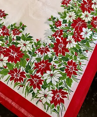 Vintage Christmas Tablecloth Holiday Poinsettia Border Large Size; 104x62 • $39.99