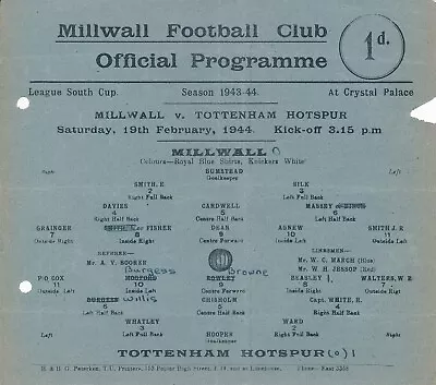 Millwall V Tottenham (War League South Cup 19.02) 1943/1944 • £29.99