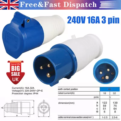 16 AMP 3 PIN INDUSTRIAL SITE PLUG Or SOCKET 2P+E MALE/FEMALE 240V WATERPROOF UK • £7.55