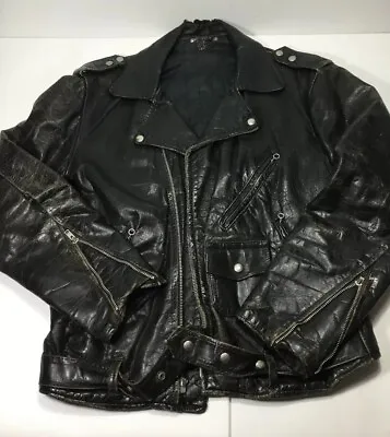 Vintage Distressed Black Leather Biker Punk Club Band Motorcycle Jacket • $342.61