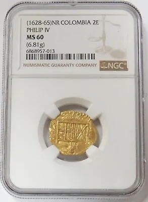 1628 -1655 Gold Colombia 2 Escudos Philip Iv Cob Ngc Mint State 60 • $5500