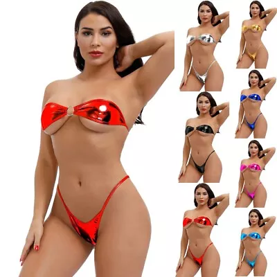 Women's Stylish Sexy Patent Leather Bikini Bra Gstring Set Lingerie Thongs • £7.34